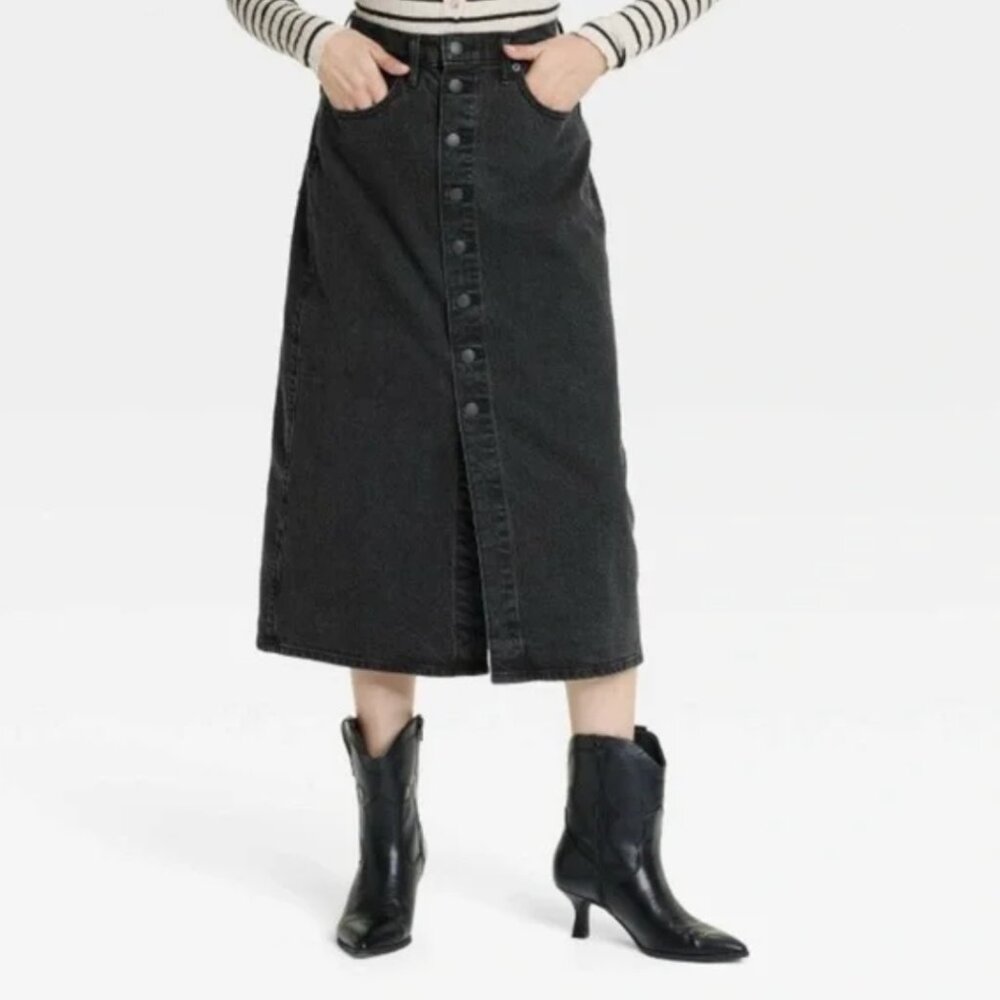 Universal Thread Women Black Denim Button Front Slit Midi Skirt Size 10